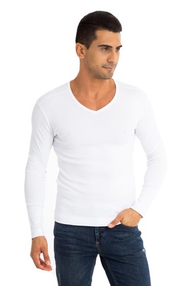 Erkek Giyim - Beyaz XXL Beden V Yaka Slim Fit Sweatshirt