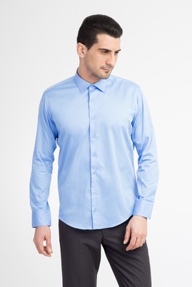 Erkek Giyim - Mavi XS Beden Uzun Kol Slim Fit Saten Gömlek