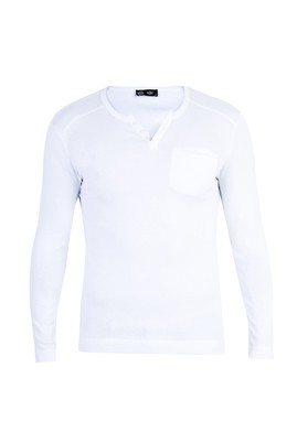 Erkek Giyim - Beyaz L Beden V Yaka Slim Fit Sweatshirt