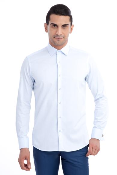 Erkek Giyim - Açık Mavi L Beden Uzun Kol Slim Fit Manşetli Gömlek