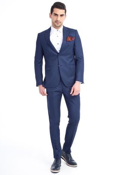 Erkek Giyim - Mavi 48 Beden Slim Fit Yünlü Çizgili Takım Elbise