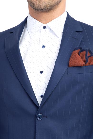 Erkek Giyim - Mavi 48 Beden Slim Fit Yünlü Çizgili Takım Elbise