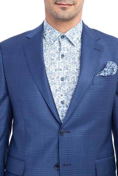 Erkek Giyim - Mavi 58 Beden Slim Fit Yünlü Kareli Takım Elbise