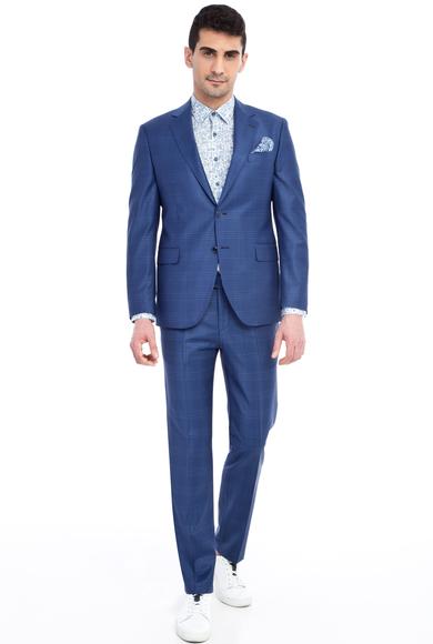 Erkek Giyim - Mavi 46 Beden Slim Fit Yünlü Kareli Takım Elbise