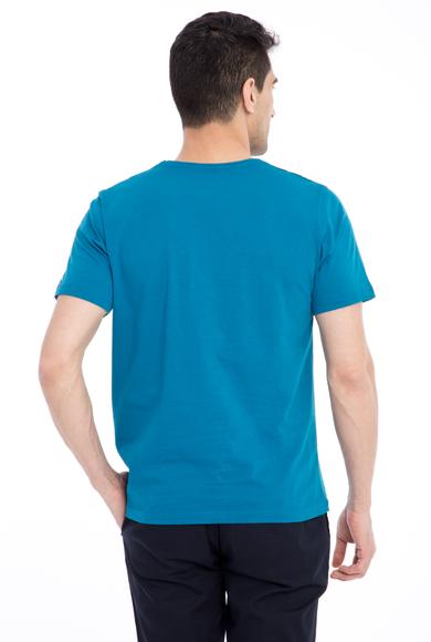 Erkek Giyim - Petrol M Beden V Yaka Regular Fit Nakışlı Tişört