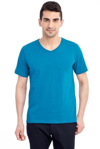Erkek Giyim - Petrol M Beden V Yaka Regular Fit Nakışlı Tişört