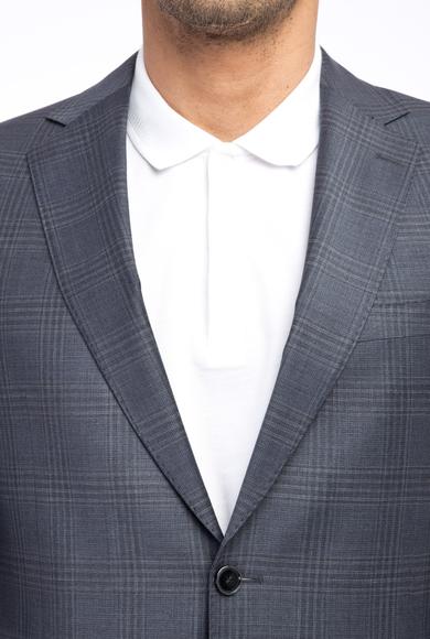 Erkek Giyim - Orta füme 58 Beden Regular Fit Yünlü Kareli Takım Elbise