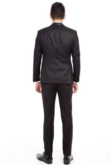 Erkek Giyim - Siyah 56 Beden Slim Fit Şal Yaka Desenli Yelekli Smokin / Damatlık