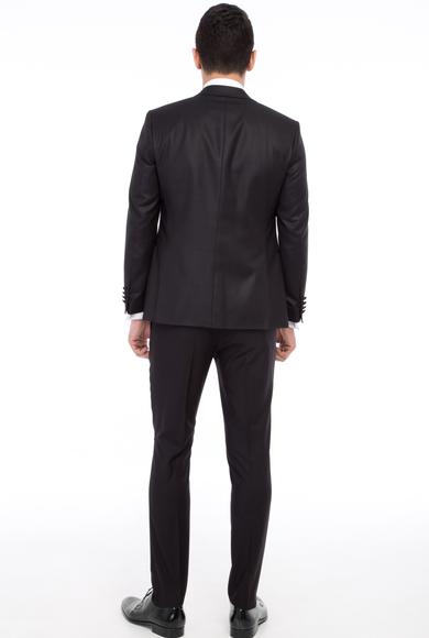 Erkek Giyim - Siyah 58 Beden Slim Fit Mono Yaka Desenli Yelekli Smokin / Damatlık