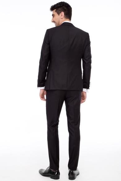 Erkek Giyim - Siyah 56 Beden Slim Fit Sivri Yaka Desenli Yelekli Smokin / Damatlık