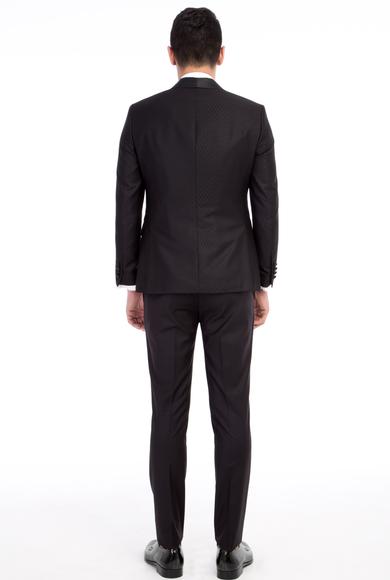 Erkek Giyim - Siyah 50 Beden Slim Fit Şal Yaka Desenli Yelekli Smokin / Damatlık