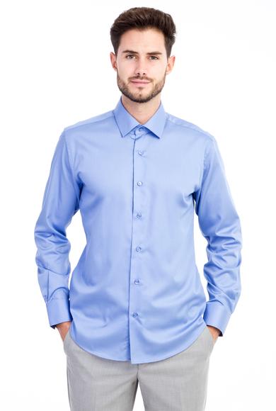 Erkek Giyim - Mavi S Beden Uzun Kol Slim Fit Non Iron Saten Gömlek