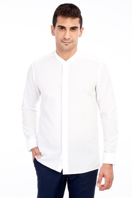 Erkek Giyim - Beyaz XL Beden Uzun Kol Hakim Yaka Slim Fit Gömlek