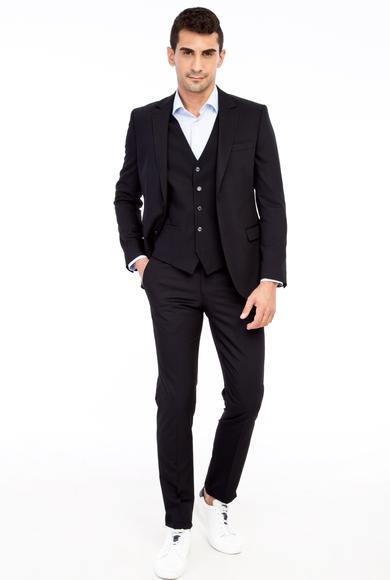 Erkek Giyim - Siyah 52 Beden Slim Fit Yelekli Takım Elbise