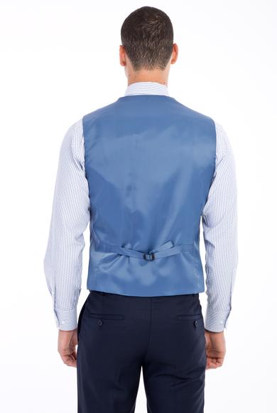 Erkek Giyim - Mavi 48 Beden Regular Fit Yelekli Kombinli Kuşgözü Takım Elbise