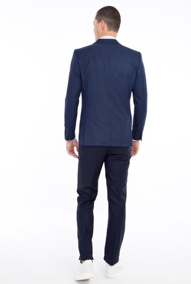 Erkek Giyim - Mavi 48 Beden Regular Fit Yelekli Kombinli Kuşgözü Takım Elbise