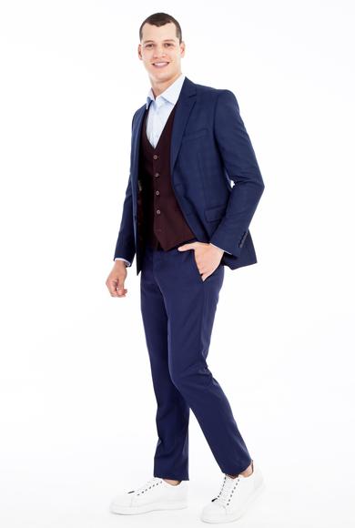 Erkek Giyim - KOYU MAVİ 50 Beden Slim Fit Yelekli Kombinli Ekose Takım Elbise