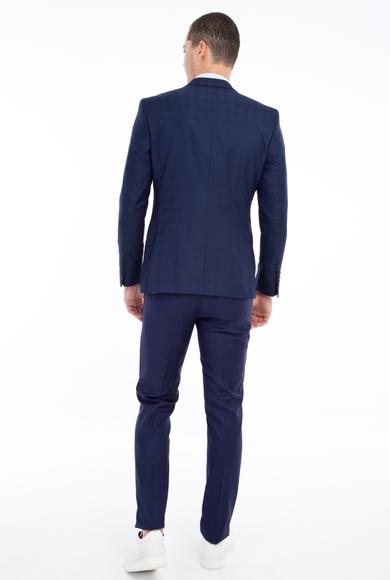 Erkek Giyim - KOYU MAVİ 50 Beden Slim Fit Yelekli Kombinli Ekose Takım Elbise