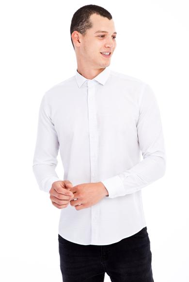 Erkek Giyim - Beyaz M Beden Uzun Kol Slim Fit Desenli Gömlek