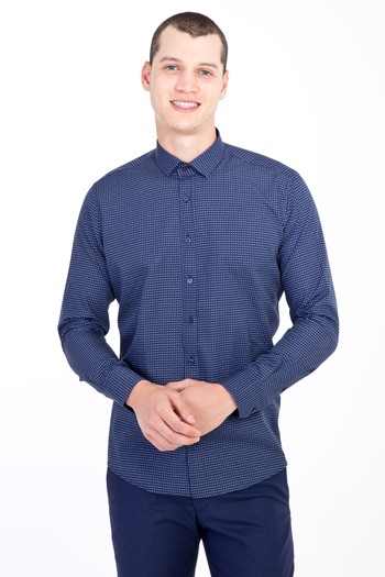 Erkek Giyim - Uzun Kol Küçük Yaka Slim Fit Desenli Gömlek
