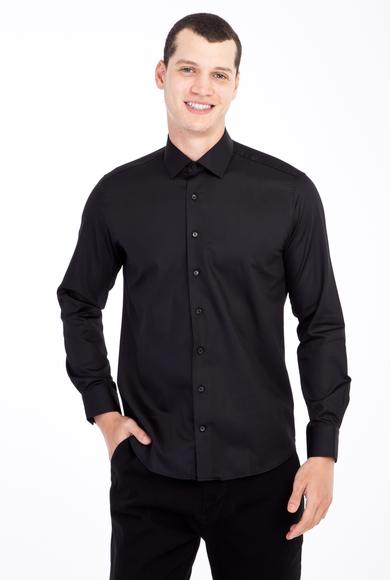 Erkek Giyim - Siyah XS Beden Uzun Kol Slim Fit Non Iron Saten Gömlek