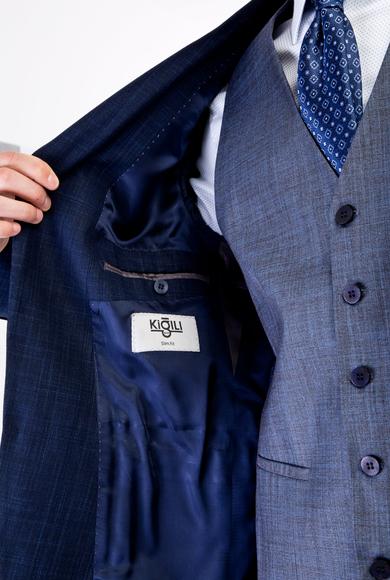 Erkek Giyim - Lacivert 58 Beden Slim Fit Kombinli Yelekli Ekose Takım Elbise