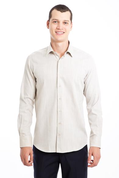 Erkek Giyim - BEJ L Beden Uzun Kol Slim Fit Desenli Gömlek