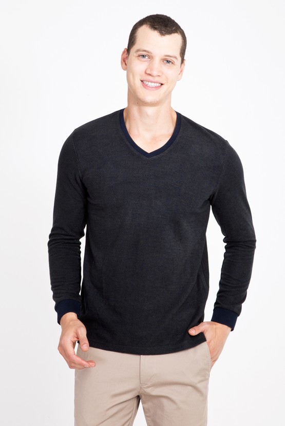 Erkek Giyim - V Yaka Desenli Slim Fit Sweatshirt