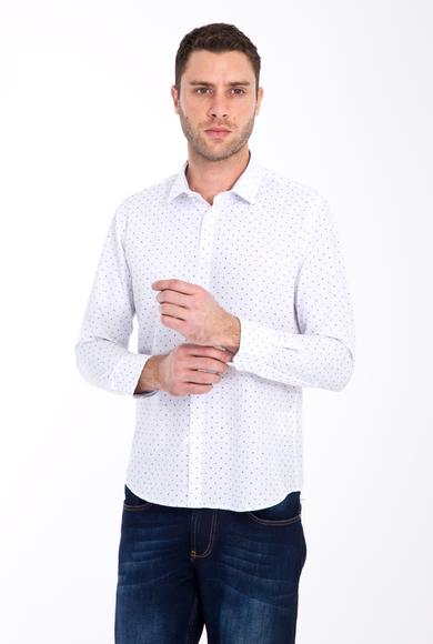 Erkek Giyim - BEYAZ S Beden Uzun Kol Slim Fit Baskılı Gömlek