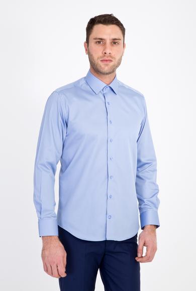 Erkek Giyim - MAVİ XS Beden Uzun Kol Slim Fit Non Iron Saten Gömlek