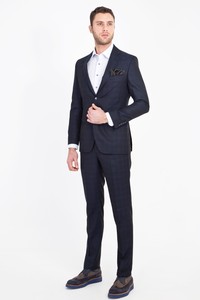 Erkek Giyim - Slim Fit Yünlü Ekose Takım Elbise