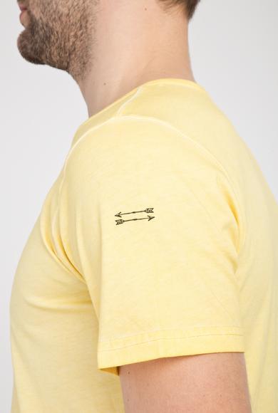 Erkek Giyim - SARI XL Beden Bisiklet Yaka Slim Fit Düğmeli Tişört