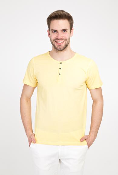 Erkek Giyim - SARI XL Beden Bisiklet Yaka Slim Fit Düğmeli Tişört