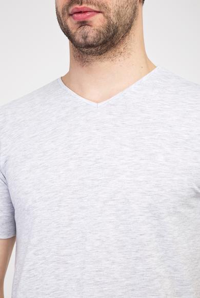 Erkek Giyim - AÇIK GRİ MELANJ XL Beden V Yaka Slim Fit Tişört