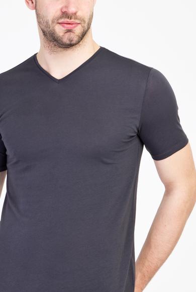Erkek Giyim - KOYU ANTRASİT S Beden V Yaka Slim Fit Tişört