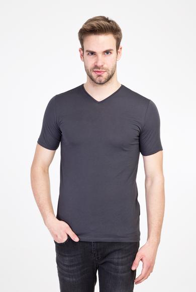 Erkek Giyim - KOYU ANTRASİT XL Beden V Yaka Slim Fit Tişört