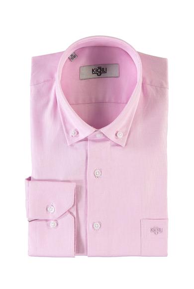 Erkek Giyim - PEMBE XXL Beden Uzun Kol Regular Fit Desenli Oxford Gömlek