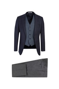 Erkek Giyim - Slim Fit Yelekli Kombinli Desenli Takım Elbise
