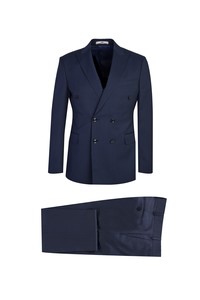 Erkek Giyim - Slim Fit Yünlü Çizgili Kruvaze Takım Elbise