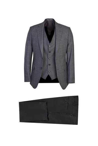 Erkek Giyim - AÇIK GRİ 54 Beden Slim Fit Yelekli Kombinli Ekose Takım Elbise