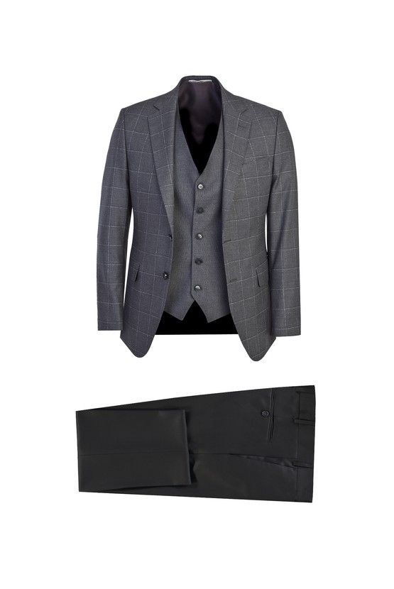 Erkek Giyim - Slim Fit Yelekli Kombinli Ekose Takım Elbise