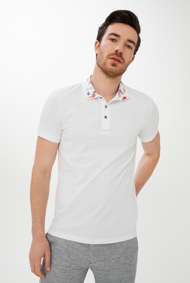 Erkek Giyim - BEYAZ XL Beden Polo Yaka Regular Fit Desenli Tişört