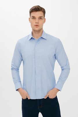 Erkek Giyim - AÇIK MAVİ S Beden Uzun Kol Slim Fit Desenli Gömlek