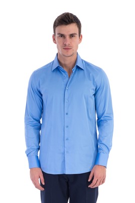 Erkek Giyim - MAVİ XS Beden Uzun Kol Slim Fit Saten Gömlek
