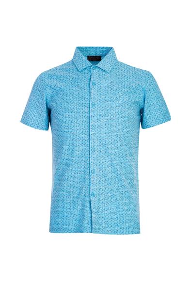Erkek Giyim - ORTA TURKUAZ L Beden Polo Yaka Slim Fit Düğmeli Desenli Tişört