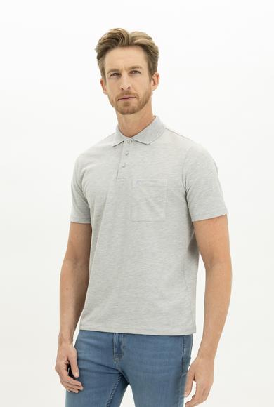 Erkek Giyim - AÇIK GRİ MELANJ L Beden Polo Yaka Regular Fit Nakışlı Tişört