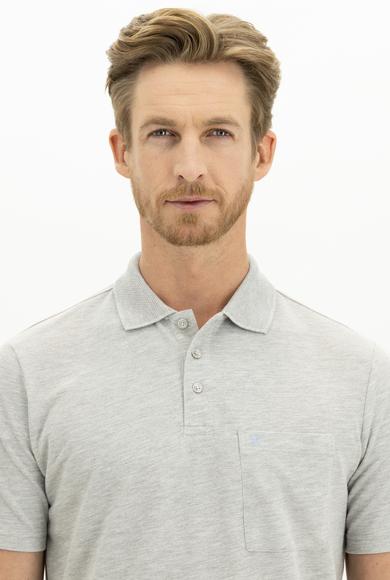 Erkek Giyim - AÇIK GRİ MELANJ L Beden Polo Yaka Regular Fit Nakışlı Tişört