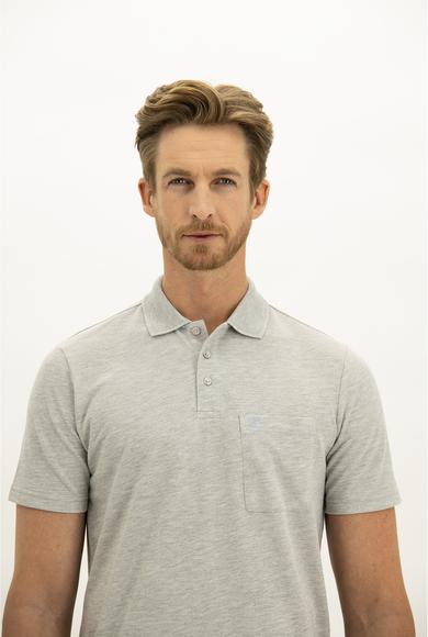 Erkek Giyim - AÇIK GRİ MELANJ 3X Beden Polo Yaka Regular Fit Nakışlı Tişört