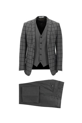 Erkek Giyim - KİREMİT 48 Beden Slim Fit Kombinli Yelekli Kareli Takım Elbise