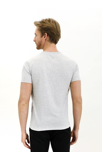 Erkek Giyim - AÇIK GRİ MELANJ M Beden V Yaka Slim Fit Tişört